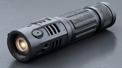 Close-up view of a modern black tactical flashlight with a glowing beam on a dark surface.