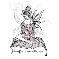 Fashion vector sketch with elf nymph stylish woman, high fashion concept, apparel print
