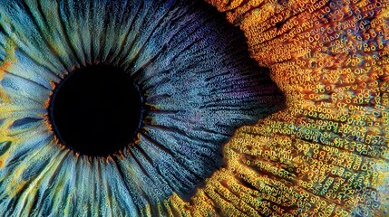 Human iris with alphanumeric data overlay represents digital identity.