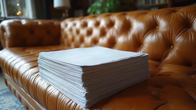 Stack of blank papers on a cozy leather sofa
