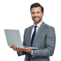 Smiling businessman holding a laptop isolated on transparent background