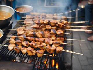 Traditional Indonesian chicken satay grilled over charcoal with the embers fanned. A smoky atmosphere, a rural street food stall in the background.