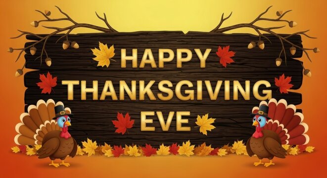 Happy thanksgiving eve text on a rustic wooden sign with two turkeys and autumn leaves, festive holiday decoration