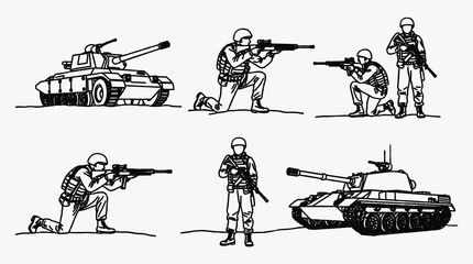 Military operation sketch showing tanks and soldiers with rifles illustration