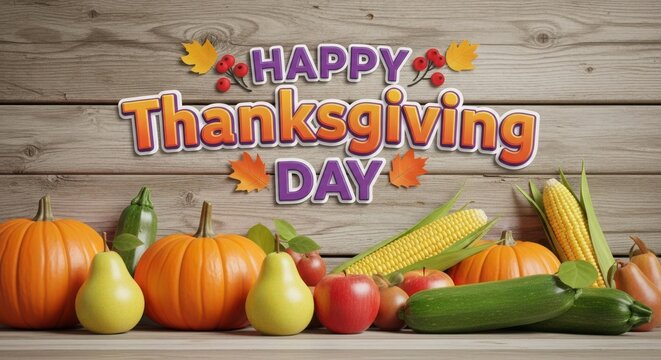Happy thanksgiving day text with pumpkins, pears, apples, corn, and green vegetables arranged on a rustic wooden plank background