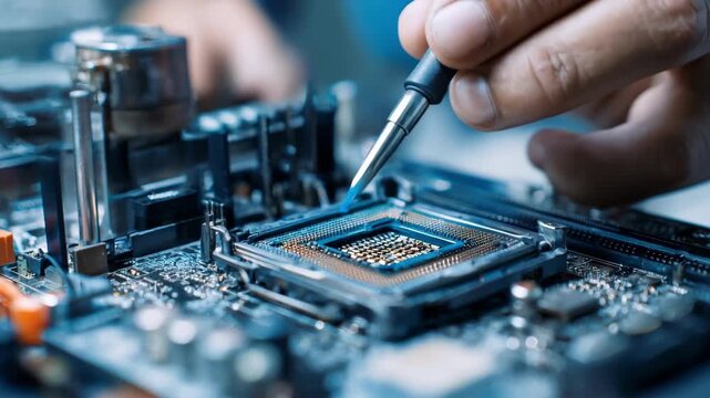 Engineer using precision tools to apply thermal paste on computer processors targeting maximum thermal conductivity to maintain optimal temperatures during heavy multitasking and