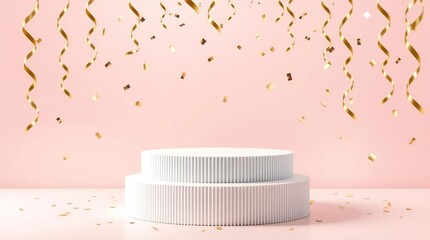 Elegant white tiered podium with falling gold confetti on pink background