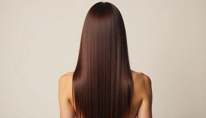 Obraz premium Stunning long straight brown hair cascading down a woman's back, showcasing radiant shine and healthy texture for beauty and hair care product marketing