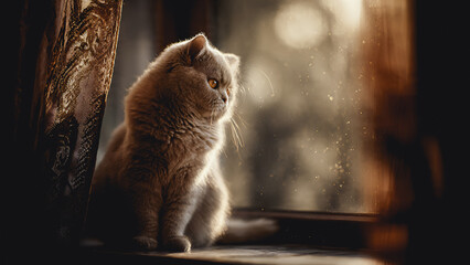 A fluffy British Shorthair cat sits on a windowsill with warm sunlight filtering through the curtains, bokeh dust particles in the air.