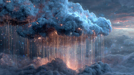 A cloud rains streams of 1s and 0s, creating a hyperrealistic digital flow that symbolizes data, information, and the virtual world in motion.