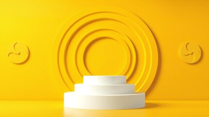 Fototapeta premium Minimalist white podium on a vibrant yellow background with concentric circles