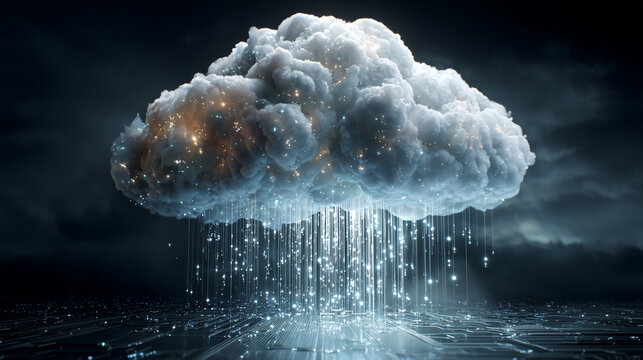 A cloud rains streams of 1s and 0s, creating a hyperrealistic digital flow that symbolizes data, information, and the virtual world in motion.