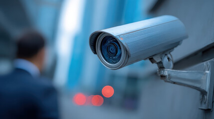 Security camera mounted on wall focusing on a blurred city street with a person in a suit walking in the background during daytime urban environment surveillance monitoring