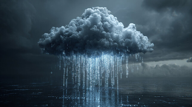 A cloud rains streams of 1s and 0s, creating a hyperrealistic digital flow that symbolizes data, information, and the virtual world in motion.