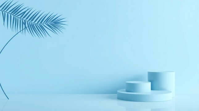 Minimalist blue studio background with palm leaf and geometric pedestals