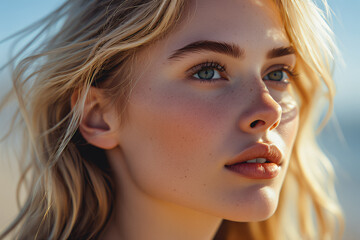 A stylish woman with light blonde hair in natural sunlight, soft warm colors, neutral background, elegant minimal makeup.