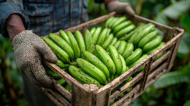 Farmer holding a wooden crate filled with freshly harvested unripe green bananas in a tropical plantation.