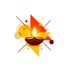 A stylized illustration of a lit diya lamp, with geometric shapes and lines in a vibrant design.