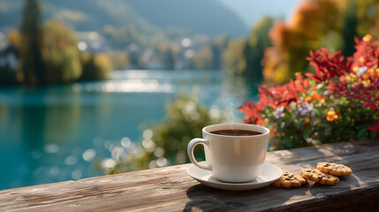 Coffee cup on a wooden table by a lake. The coffee is steaming and the cup is placed on a saucer. The view of the lake is serene and peaceful