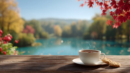 Coffee cup on a wooden table by a lake. The coffee is steaming and the cup is placed on a saucer. The view of the lake is serene and peaceful