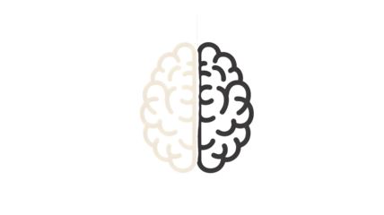 Stylized outline of a human brain divided into two halves with distinct textures representing different functions or states isolated on transparent background
