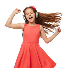 Young girl in a coral dress listening to music with headphones isolated on transparent background