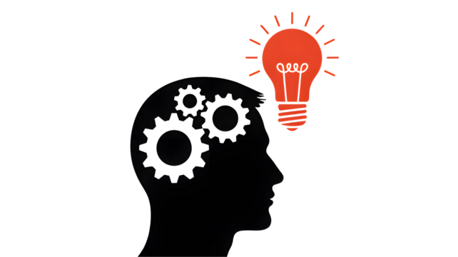 Silhouette of a human head profile with interlocking gears inside representing thought process and a glowing light bulb symbolizing a new idea isolated on transparent background