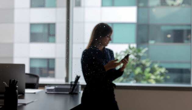 Businesswoman checking smartphone by office window — corporate communication and productivity