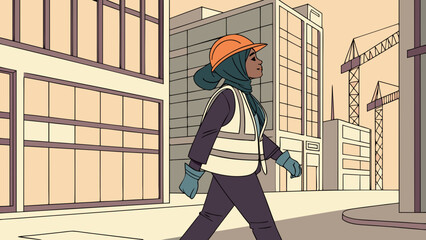 Animated illustration of a woman in a hijab, hard hat, and reflective vest walking past buildings and construction cranes.