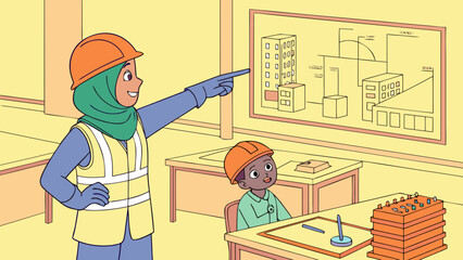 A woman in a hard hat and safety vest teaches a young boy about building plans and architecture in a classroom setting.