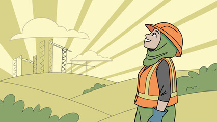 An illustration of a smiling Muslim woman in a hard hat and safety vest looking up at a construction site with cranes and buildings under a bright, sunburst sky.