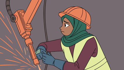A woman in a hard hat and hijab working with a robotic arm producing sparks in an industrial setting.