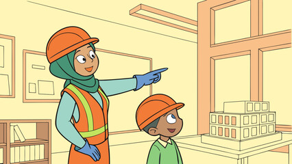 A woman in a hard hat and safety vest points at a building model while a young boy in a hard hat looks on, possibly in a classroom or office setting.