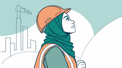 Illustration of a Muslim woman in a hard hat and safety vest looking up at a construction site.