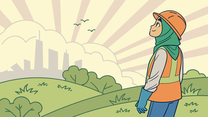 A young woman in a hard hat and safety vest looks up at the sky with sun rays, birds, and a city skyline in the background, amidst green hills.
