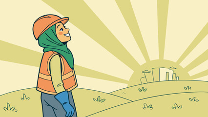 An optimistic woman in a hard hat and hijab gazes at a radiant sunrise over a serene landscape with a distant city.