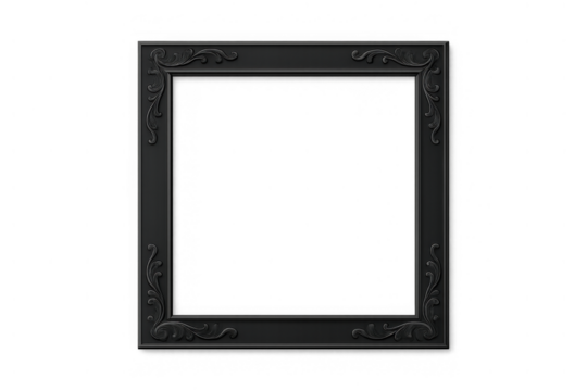 Black ornate vintage picture frame isolated on a transparent background, classic baroque style empty art border