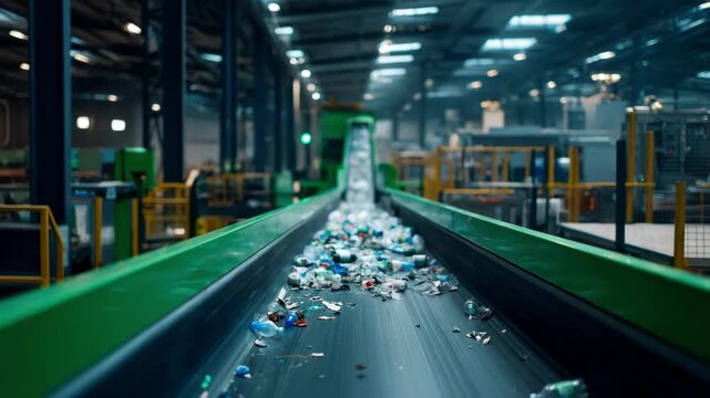 Medium shot of automated conveyor belt system at electronic waste plant separating different types of materials for specialized recycling processes.