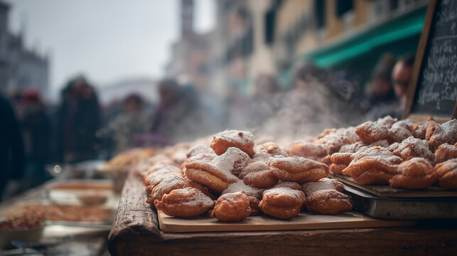 Delicious Frittelle at Festa della Salute, Venice, Italy A Culinary Delight of Traditional Venetian Fried Dough with Powdered Sugar