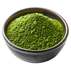 Matcha green tea powder in ceramic bowl isolated on transparent background