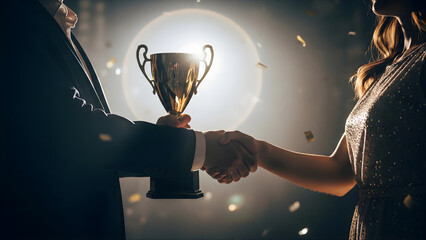 Two people shake hands while holding trophy on stage with cinematic spotlight and confetti.