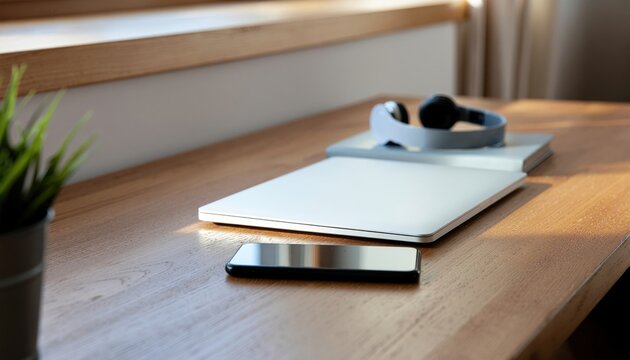 Minimal workspace with closed laptop, smartphone and headphones — clean home office desk