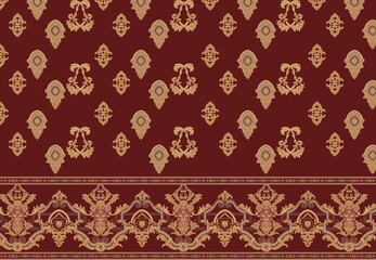 Ornate Maroon and Gold Textile with Heraldic Floral Motifs and Decorative Border