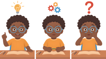 Three cartoon illustrations of a young african american boy at a desk showing different stages of thinking and learning isolated on transparent background