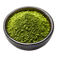 Matcha green tea powder in ceramic bowl isolated on transparent background