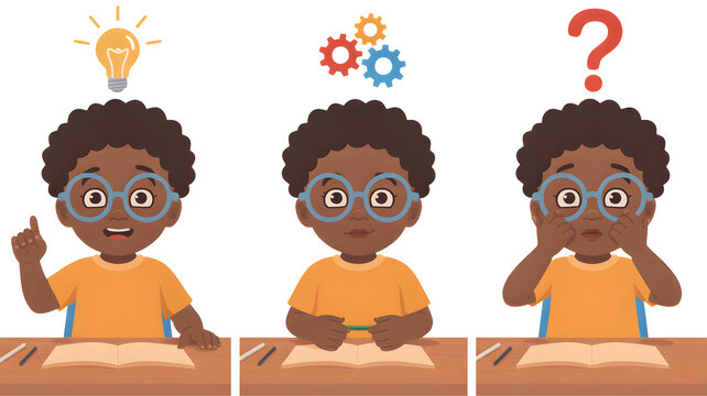 Three cartoon illustrations of a young african american boy at a desk showing different stages of thinking and learning isolated on transparent background