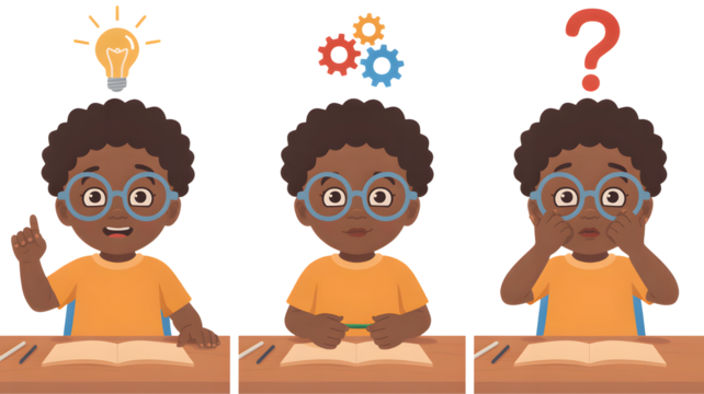Three cartoon illustrations of a young african american boy at a desk showing different stages of thinking and learning isolated on transparent background