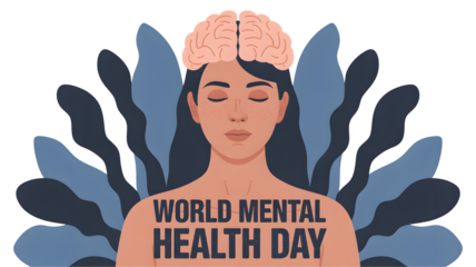 Illustration of a person with a brain on their head representing mental health awareness and world mental health day isolated on transparent background