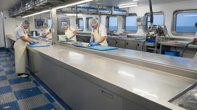 Onboard fish processing area in medium shot highlighting stainless steel counters ergonomic design and slipresistant surfaces for efficient cleaning tasks.