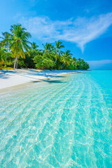 Summer vacation, holiday amazing nature. Relax paradise, Maldives. Tropical island beach landscape exotic shore coast. Tranquil closeup calm sea water waves with palm trees. Beautiful Panorama. 
